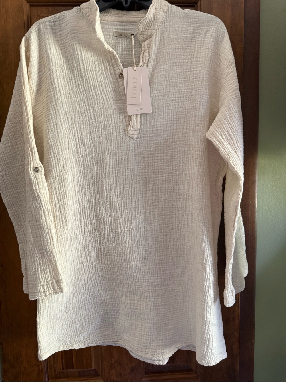IKIKIZ Men's Cream Gauze Henley Shirt S